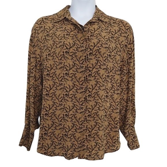 Classiques Entier 100% Silk Brown Abstract Floral Button-Up Shirt Hidden Buttons - Picture 1 of 8